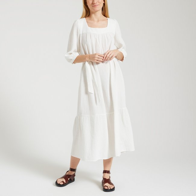 Vestido midi, em gaze de algodão, ROSITA ECRU cru <span itemprop=