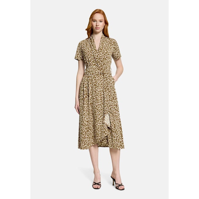 Robe longueur midi à volant beige/kaki <span itemprop=