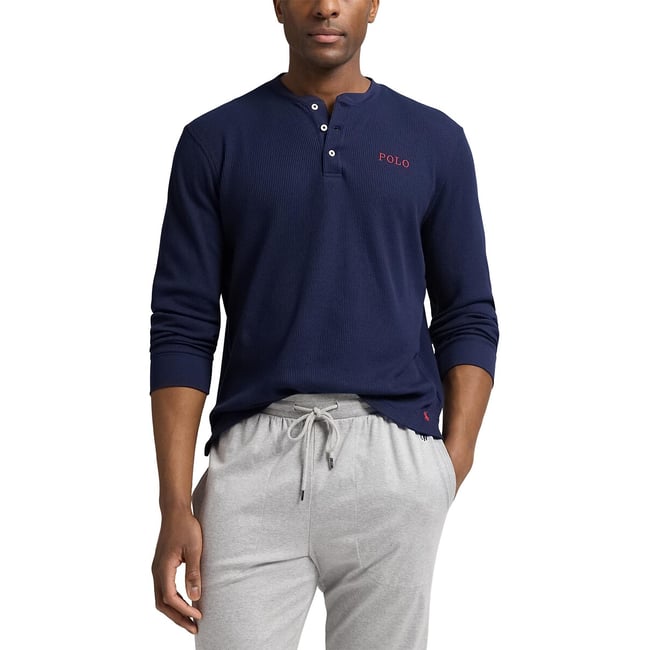Haut de pyjama gaufré col tunisien bleu marine <span itemprop=