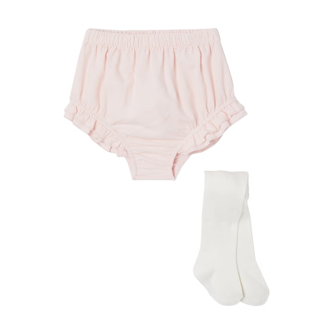 Ensemble bloomer et collants naissance rose pâle <span itemprop=