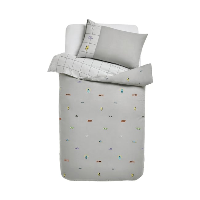 Housse de couette et taie d’oreiller en coton badges phosphorescents <span itemprop=