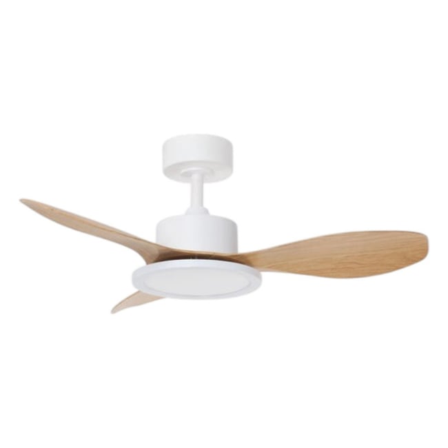 Ventilateur de plafond lumineux blanc mat et façon bois RIGA II XS Couleur marron <span itemprop=