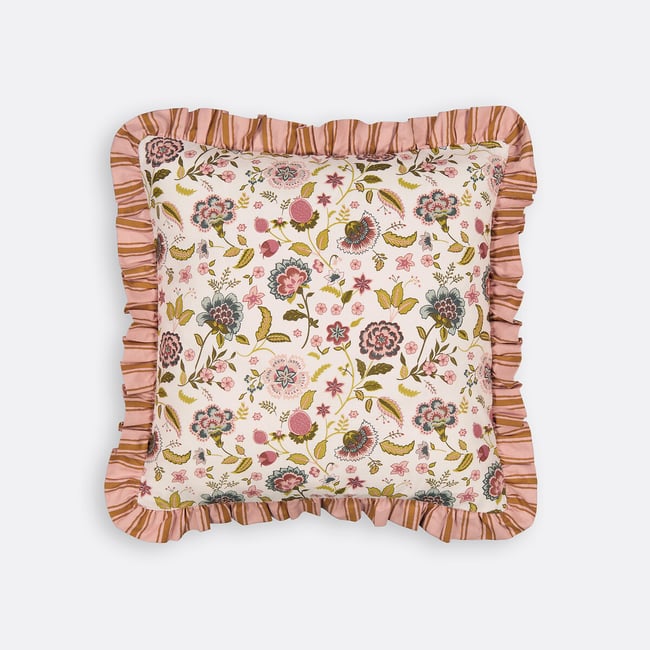 Funda de cojín con volantes 45x45 cm, Shirley blanco motivo floral <span itemprop=