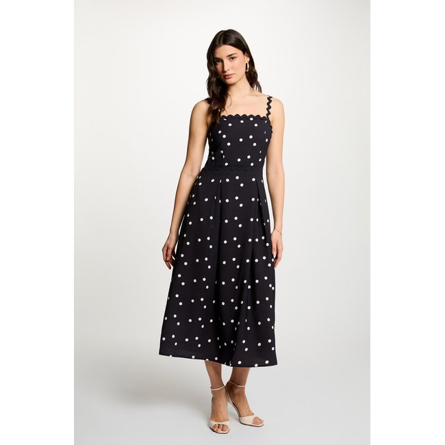 Robe mi-longue pois bleu marine <span itemprop=