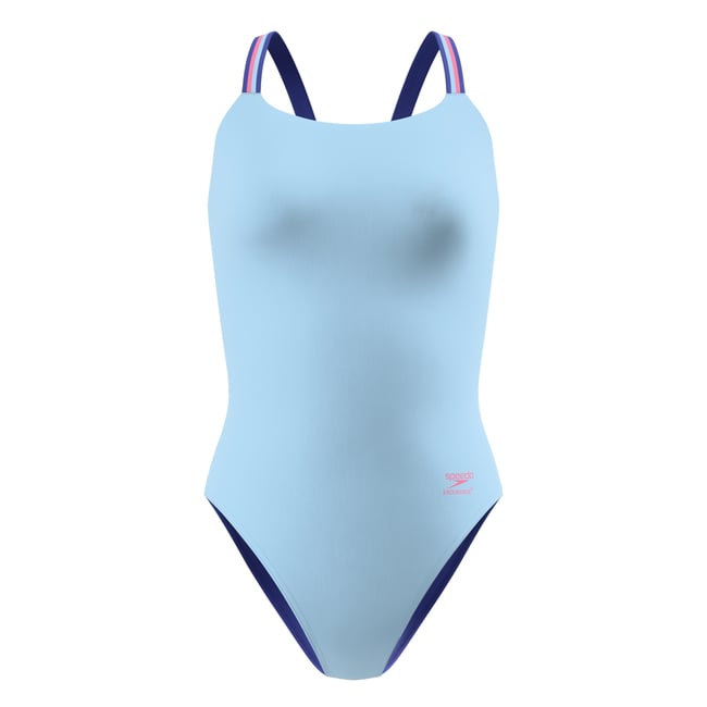 Maillot de bain 1 pièce à bretelles contrastées motif/style uni bleu <span itemprop=