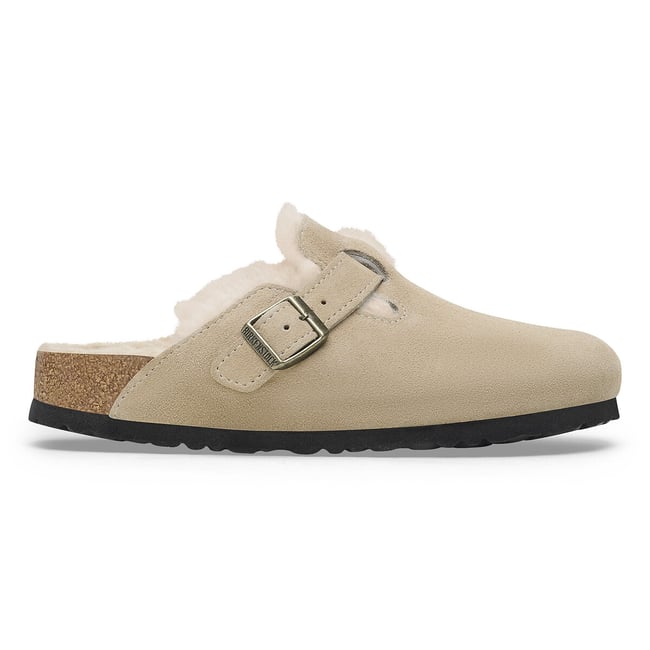 Sabots fourrés en cuir suédé Boston Sherling taupe <span itemprop=