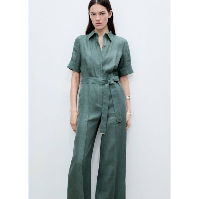 Combinaison chemisier lin vert forêt <span itemprop=