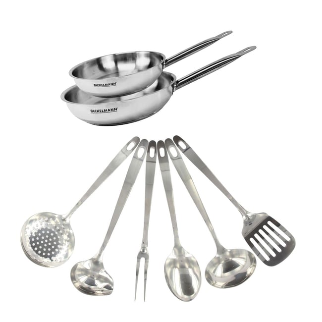 Set de 2 poêles de 20 et en inox et 6 ustensiles inox ETERNA inox <span itemprop=