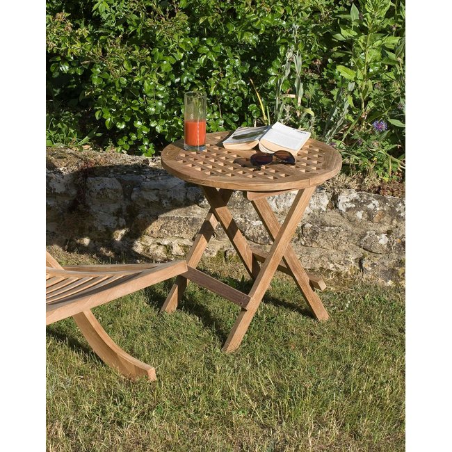 Table de jardin ronde pliante en teck SUMMER bois naturel <span itemprop=