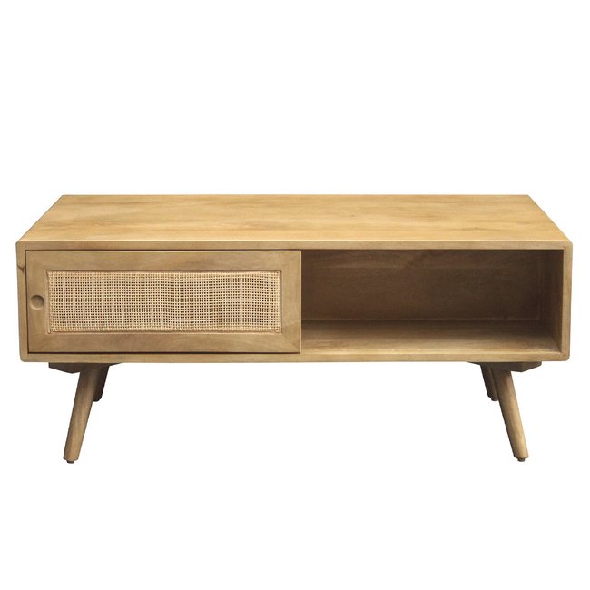 Table basse rectangulaire avec rangements en bois manguier massif et cannage rotin L100 cm ACANGE Couleur chêne clair <span itemprop=