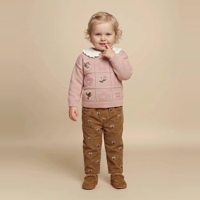 Pantalon taille élastique en velours brodé en coton BIO GOTS velouté <span itemprop=