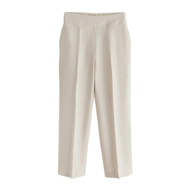 Pantalon tailleur slim court lin majoritaire beige neutre <span itemprop=