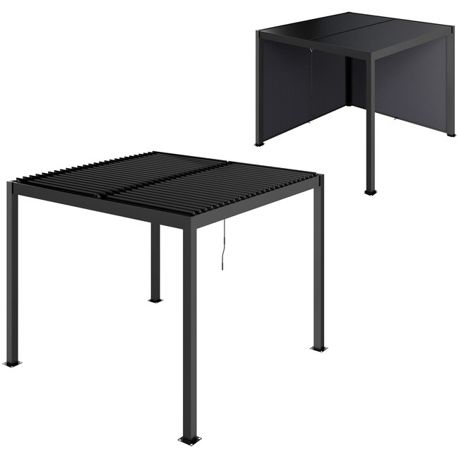 Pergola bioclimatique en alu 3 x 3 m - lames orientables, 2 stores latéraux - anthracite gris <span itemprop=