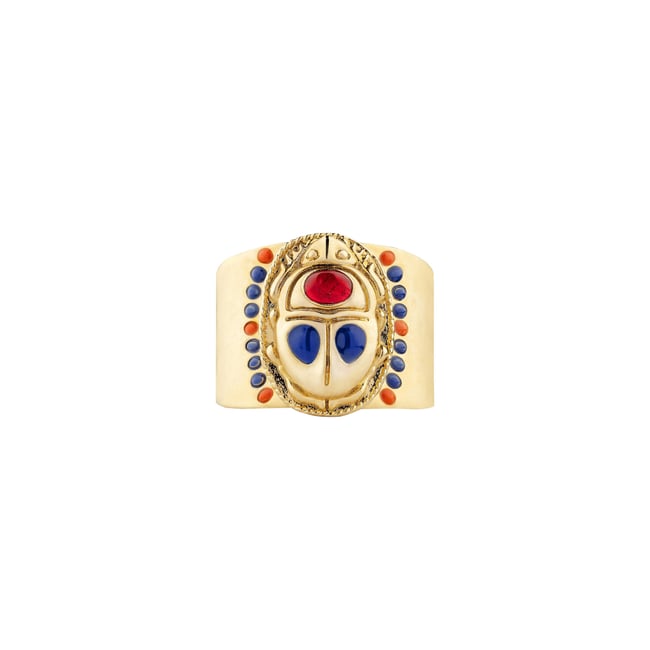 Bague réglable cabochon scarabé avec émail TREZOR doré <span itemprop=