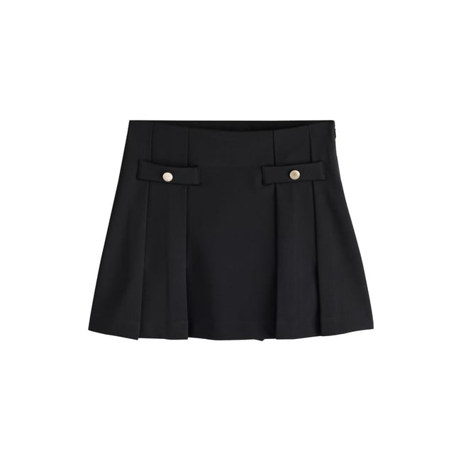 Mini-jupe en point de rome à boutons dorés noir <span itemprop=