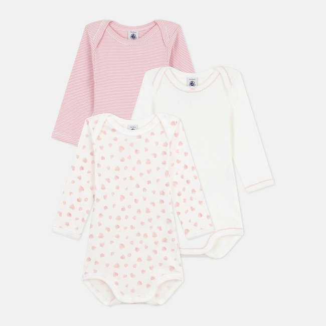 Pack of 3 Bodysuits with Long Sleeves, pink + white, PETIT BATEAU