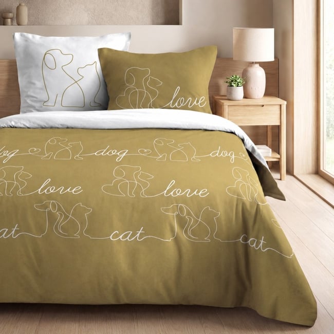 Housse de couette 100% coton 57 fils + 2 taies d’oreiller jaune <span itemprop=