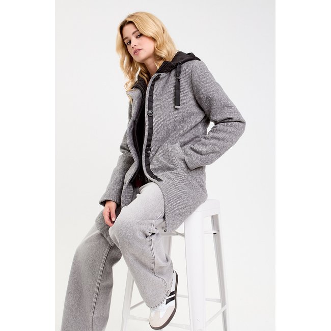 Manteau droit long à capuche gris clair <span itemprop=