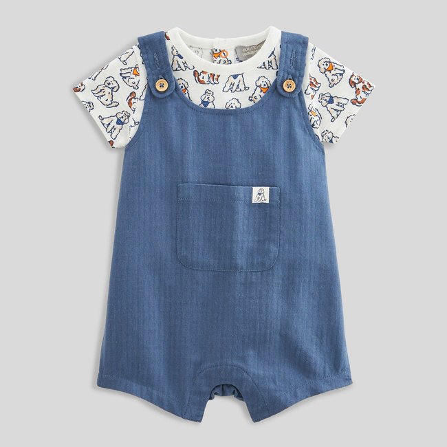 Ensemble tee-shirt et salopette courte pierre bleue <span itemprop=