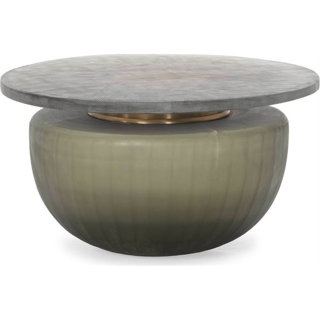 Table basse ronde en verre sculpté Couleur fumé transparent finition pierre <span itemprop=
