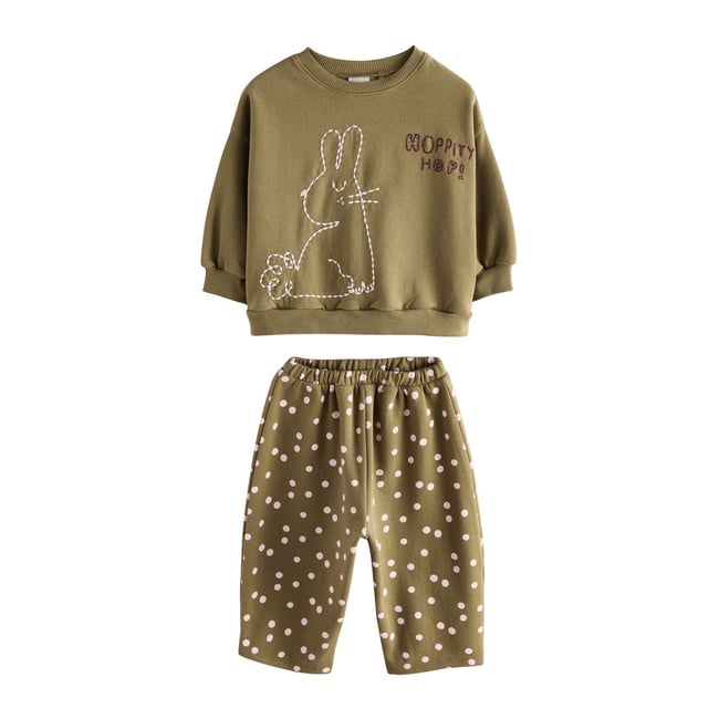 Ensemble sweat et pantalon bouffant lapin vert kaki <span itemprop=