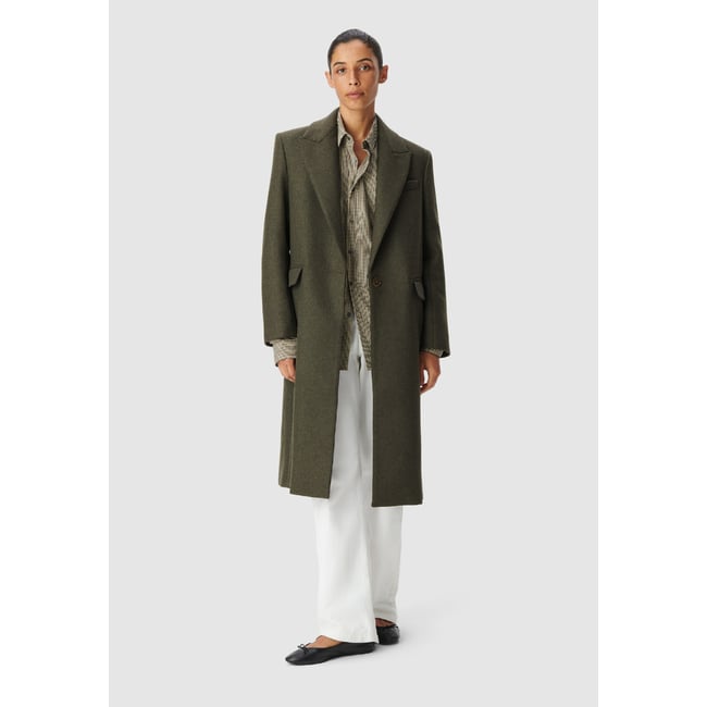 Manteau long droit lainage vert kaki <span itemprop=