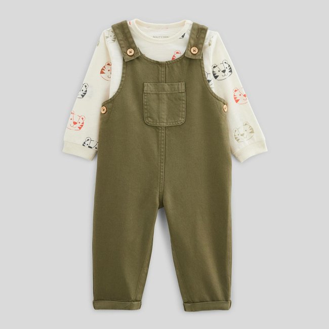 Ensemble t-shirt manches longues imprimé et salopette longue unie en coton BIO GOTS lunaria <span itemprop=