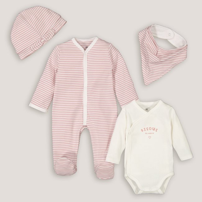 Kit de nacimiento 4 piezas rayas rosa/crudo <span itemprop=