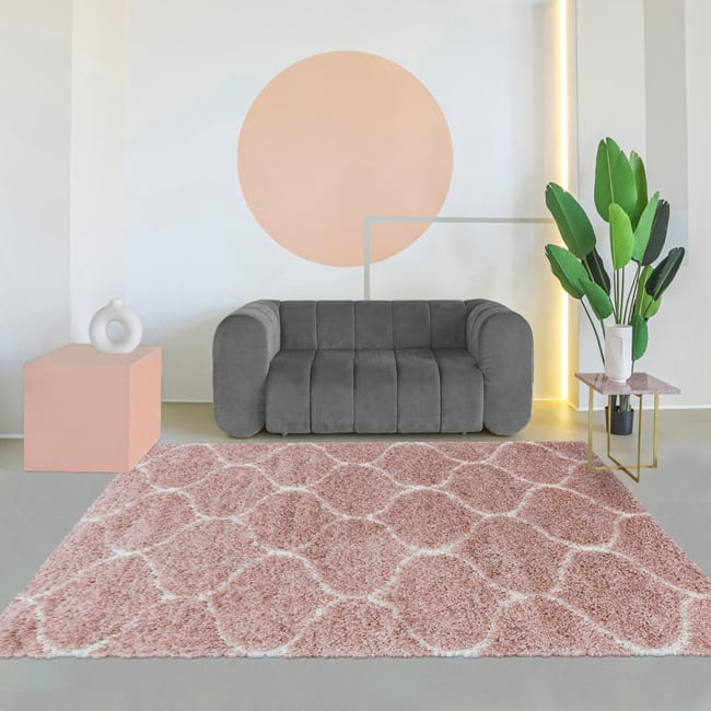 Tapis shaggy tissé motif scandinave SCANDINAV A Couleur rose crème <span itemprop=
