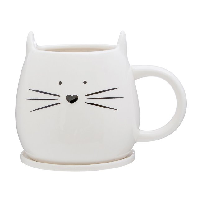 Ivory Cat Mug & Coaster Set, cream, SO'HOME