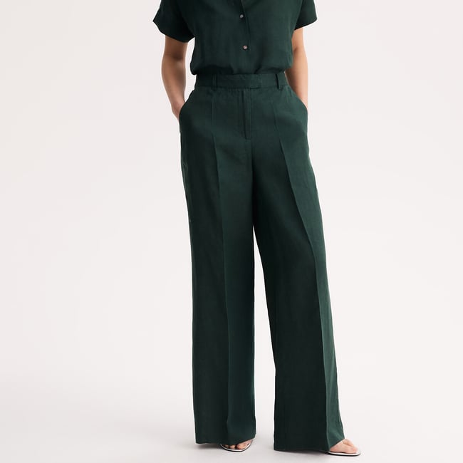 Pantalon large en lin  vert foncé <span itemprop=