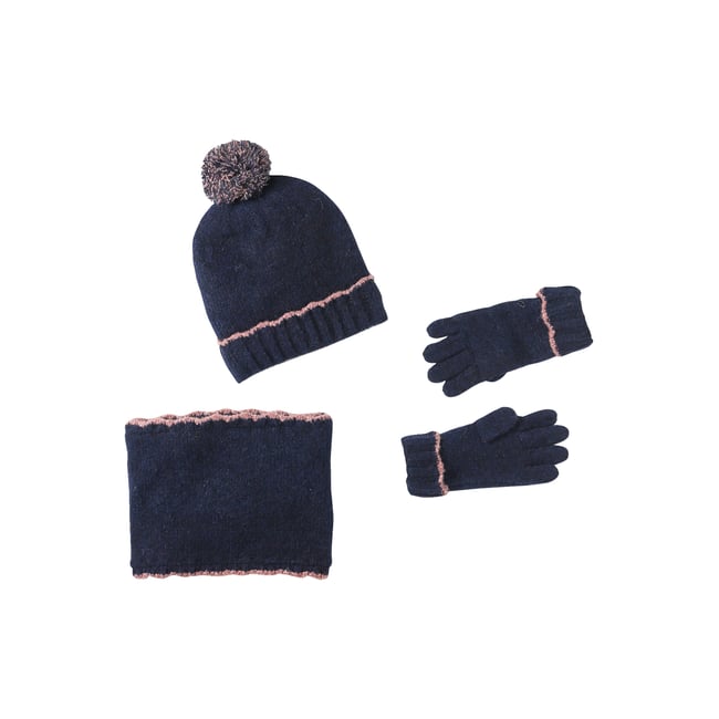 Ensemble tricot bonnet, snood et gants marine <span itemprop=