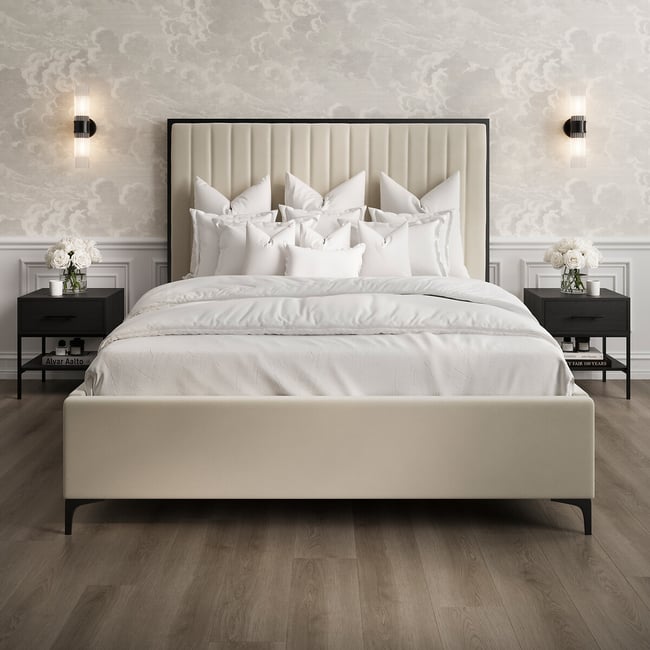 Bromley Velvet Tall Headboard Bed with Metal Trim, cream/black, ÉDITÉ