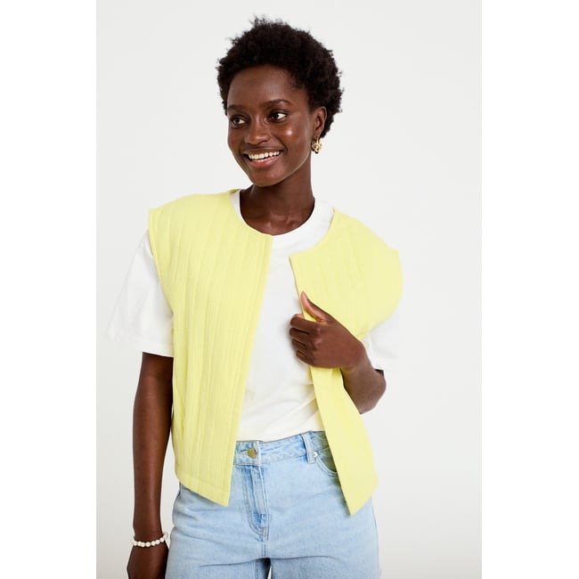 Gilet barman ample cropped plissé jaune citron <span itemprop=