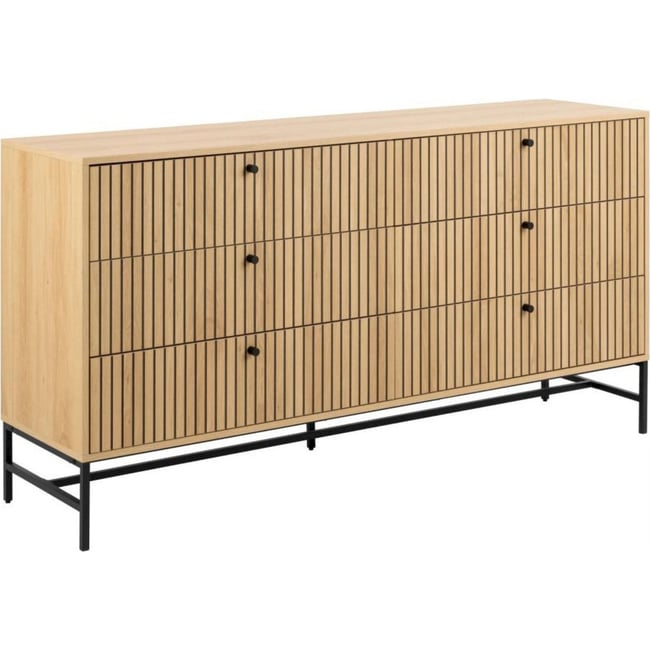 Commode 6 tiroirs bois collection POUSLY Couleur effet chêne et noir <span itemprop=
