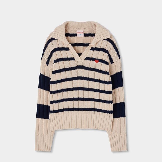 Pull fille rayé avec coeur brodé blanc <span itemprop=