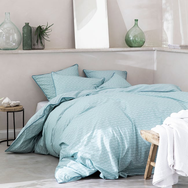 Housse de couette imprimée en percale de coton, TOUCHE VÉGÉTALE céladon <span itemprop=