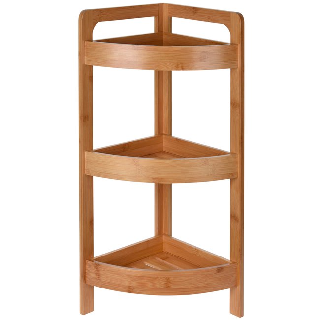 Étagère salle de bain d'angle 3 plateaux en bambou 23x23x61cm Couleur bois <span itemprop=