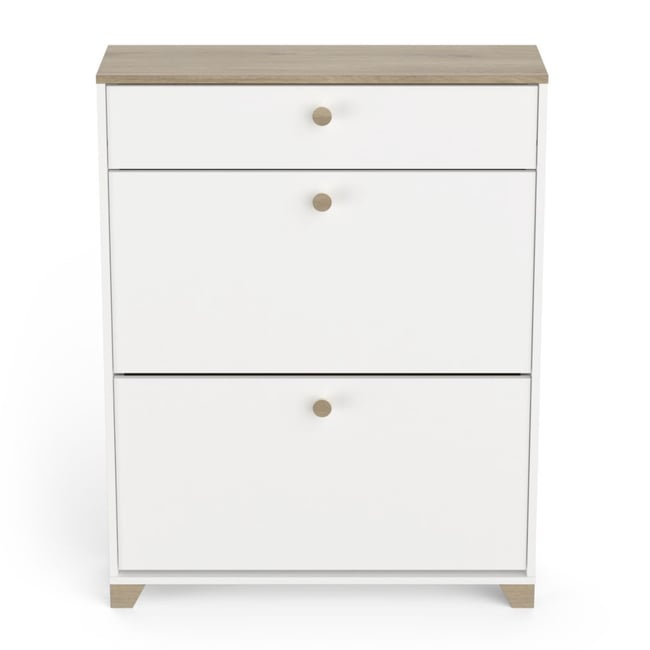Meuble à chaussures 2 abattants et 1 tiroir décor chêne kronberg et blanc - L80,8 cm Couleur blanc <span itemprop=
