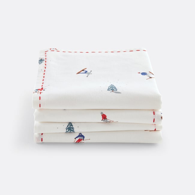 Lot 4 serviettes de table, coton lavé, Tout Schuss imprimé fond écru <span itemprop=