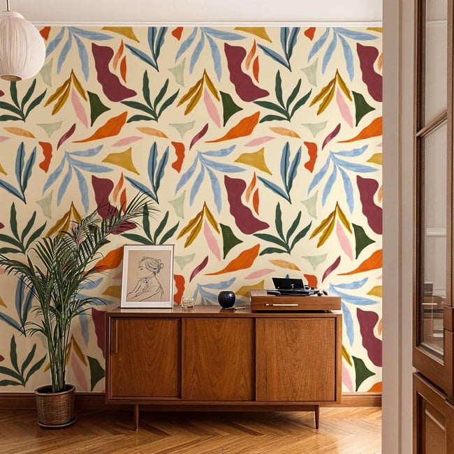 Papier peint beige avec grandes formes végétales aux allures abstraites - 170x260 cm (l x h) Couleur multicolore <span itemprop=
