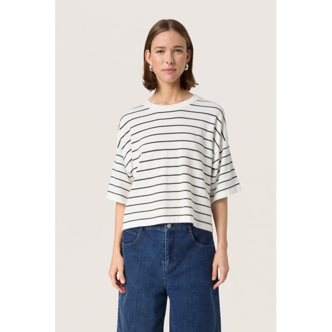 Pullover tricoté blanc vert white w grape leaf stripe <span itemprop=