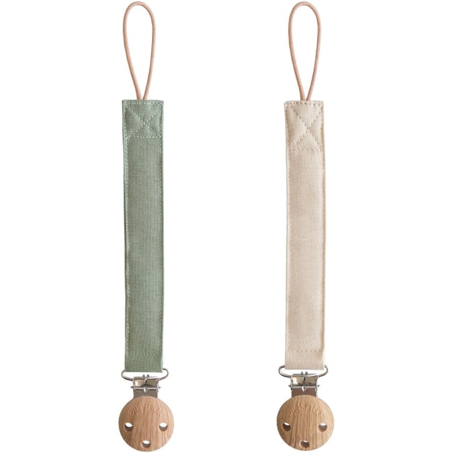 Lot de 2 attaches-sucettes en lin vert, écru <span itemprop=