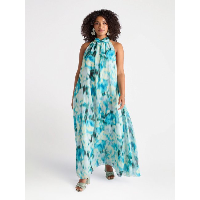 Robe longue imprimée en georgette, avec col à l’américaine à fermer dans le dos green water <span itemprop=