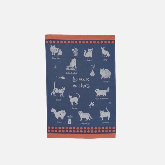 Torchon jacquard en coton LES RACES DE CHATS bleu foncé <span itemprop=