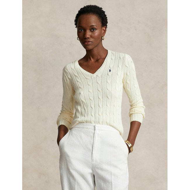 Pull col V maille torsadée KIMBERLEY ecru <span itemprop=
