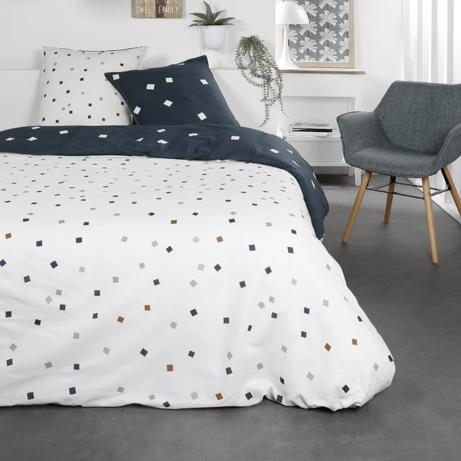 Parure de lit 2 personnes imprimé géométrique coton SUNSHINE DAKA blanc <span itemprop=