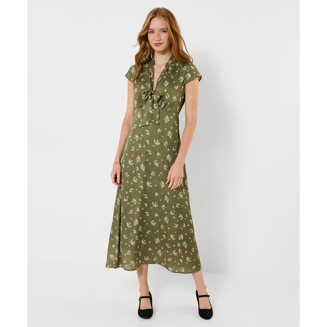 Robe Mi-Longue Nouée Devant Fleurs Vintage vert <span itemprop=