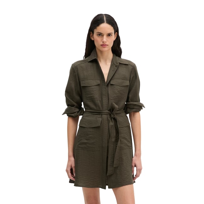 Robe style safari flared en mélange viscose-lin marron foncé <span itemprop=