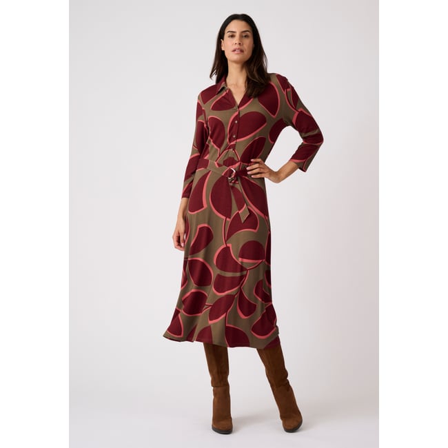 Robe maille stretch évasée vert feuillage <span itemprop=